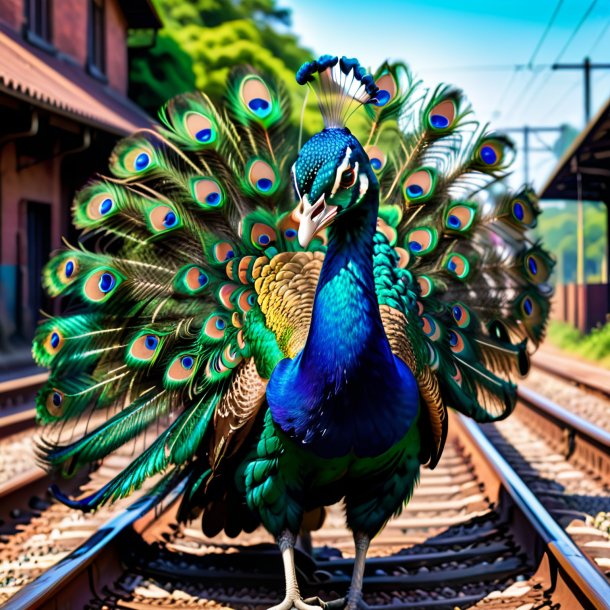 Imagen de una sonrisa de un pavo real en las vías del ferrocarril