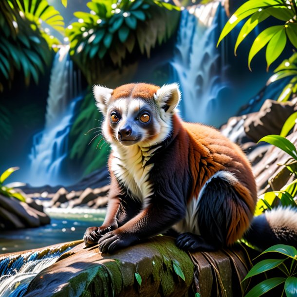 Picture of a resting of a lemur in the waterfall