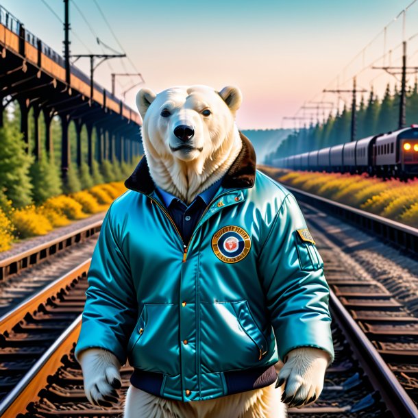 Picture of a polar bear in a jacket on the railway tracks