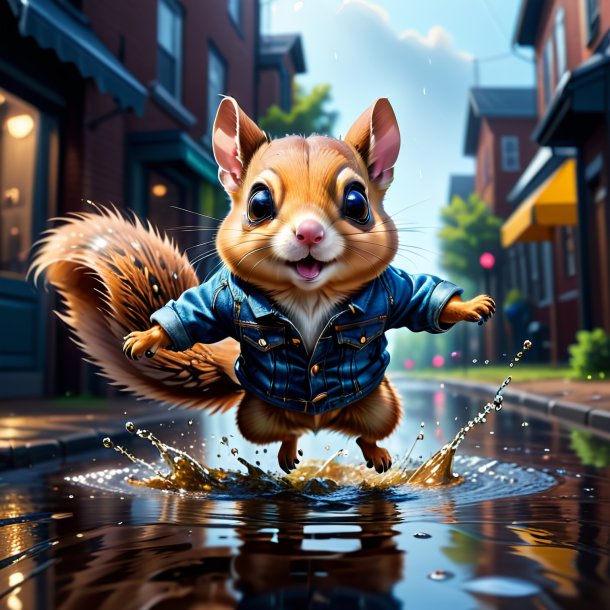 Illustration of a flying squirrel in a jeans in the puddle