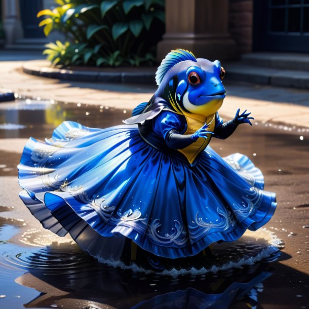 Drawing of a blue tang in a dress in the puddle