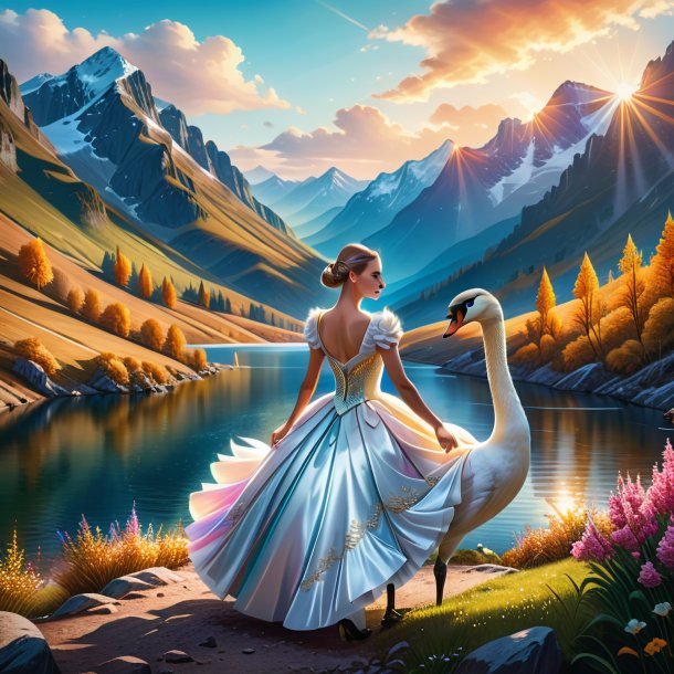 Illustration of a swan in a dress in the mountains