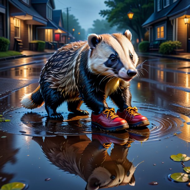 Drawing of a badger in a shoes in the puddle