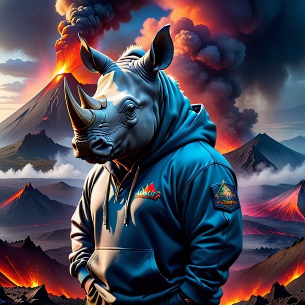 Picture of a rhinoceros in a hoodie in the volcano