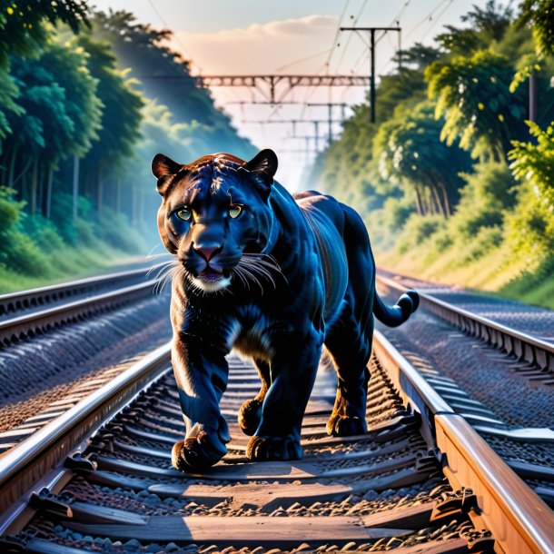 Foto de un juego de una pantera en las vías del tren