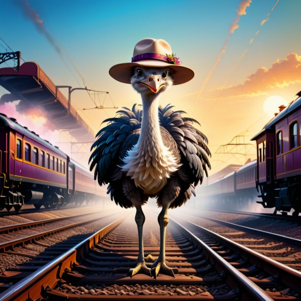 Illustration of a ostrich in a hat on the railway tracks