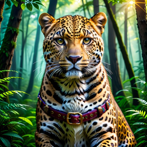 Retrato de um leopardo em um cinto na floresta