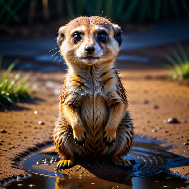 Foto de una amenaza de un suricato en el charco