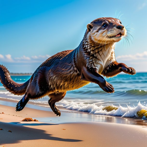 Photo of a jumping of a otter on the beach