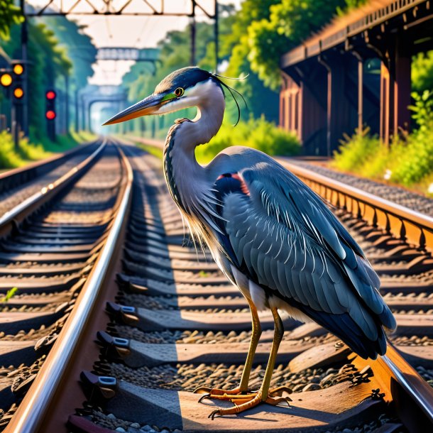 Foto de un descanso de una garza en las vías del ferrocarril