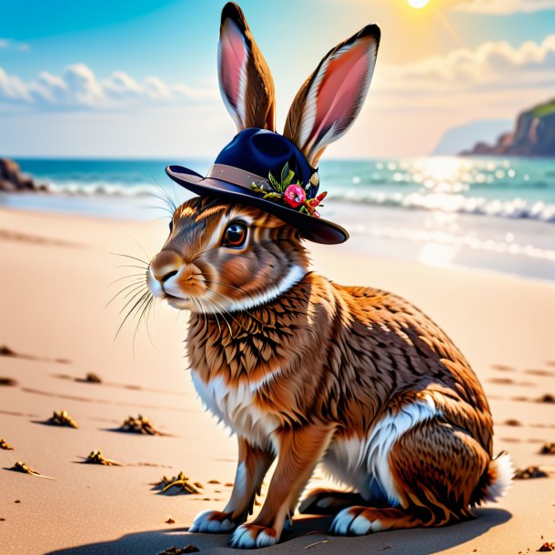 Picture of a hare in a hat on the beach