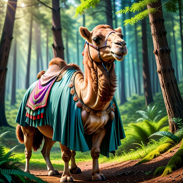 Photo of a camel in a skirt in the forest