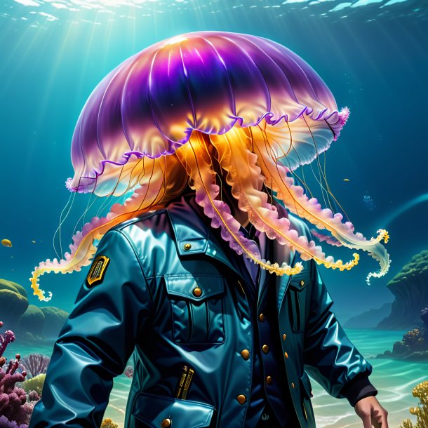 Illustration of a jellyfish in a jacket in the sea