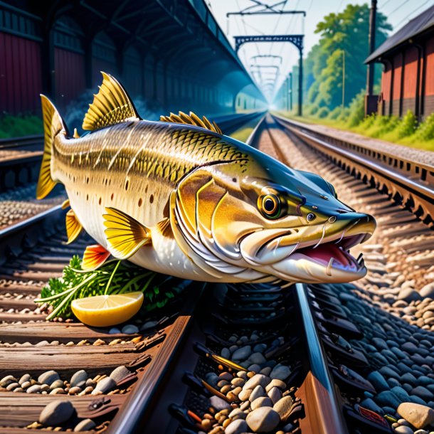 Picture of a eating of a pike on the railway tracks