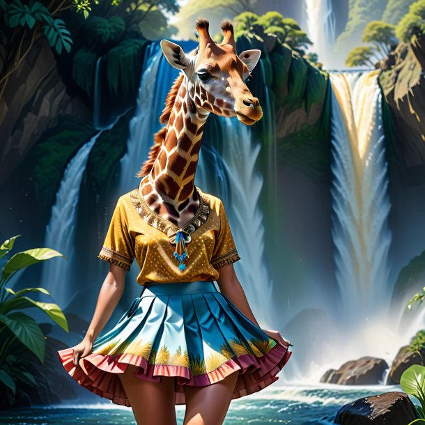 Illustration of a giraffe in a skirt in the waterfall