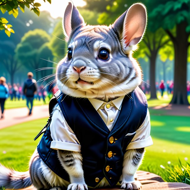 Picture of a chinchillas in a vest in the park