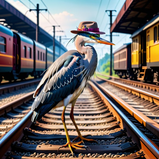 Photo d'un héron dans un chapeau sur les voies ferrées