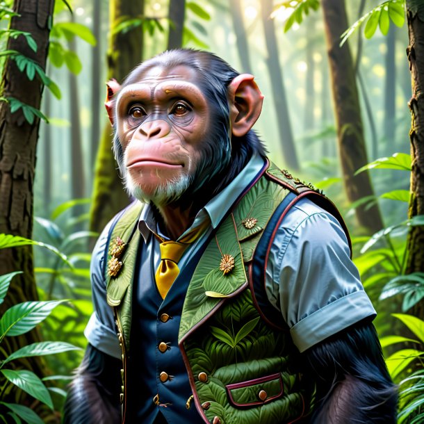 Picture of a chimpanzee in a vest in the forest