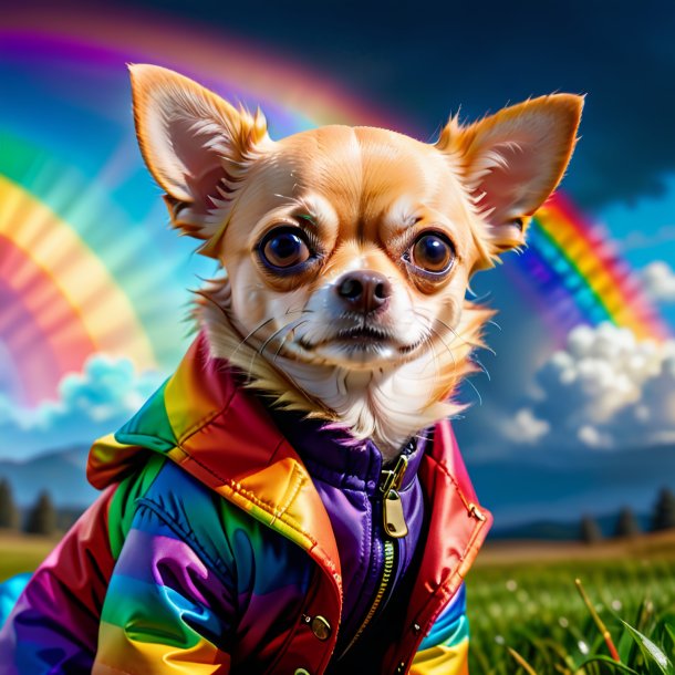 Image of a chihuahua in a coat on the rainbow