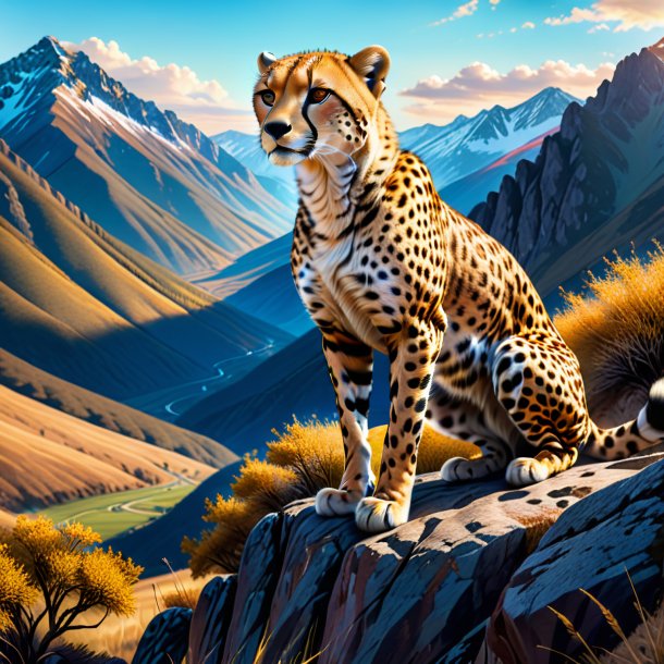 Drawing of a cheetah in a trousers in the mountains