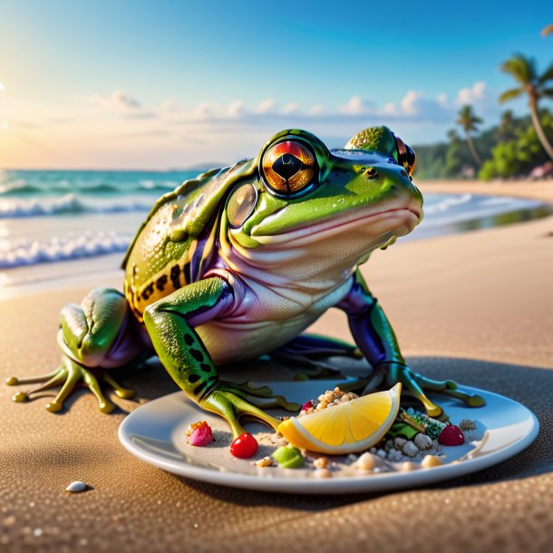 Foto de una comida de una rana en la playa