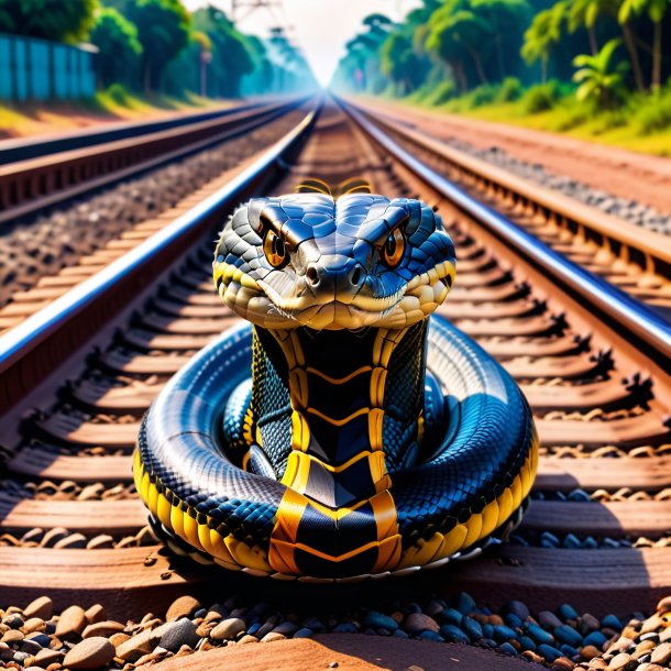 Photo of a cobra in a shoes on the railway tracks