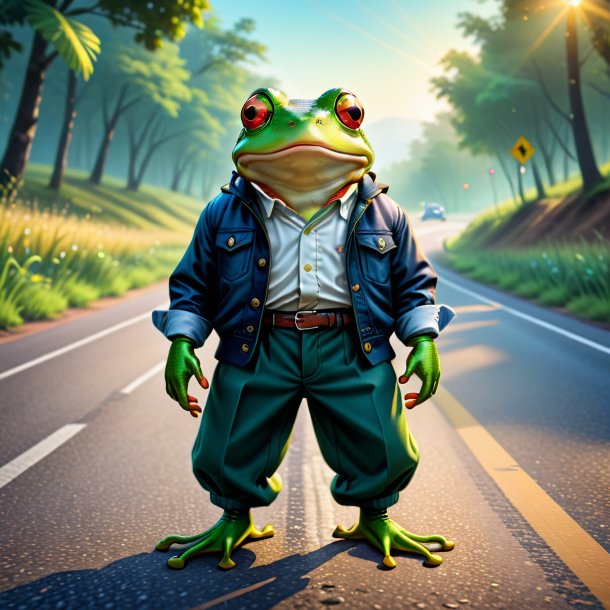 Illustration of a frog in a trousers on the road