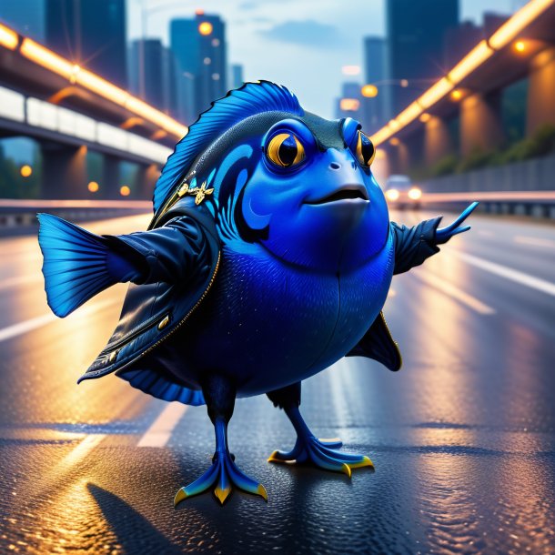 Photo of a blue tang in a jacket on the highway