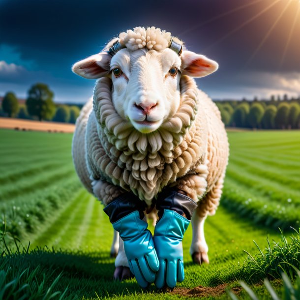 Picture of a sheep in a gloves on the field