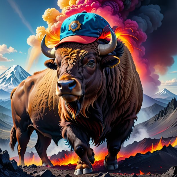 Illustration of a bison in a cap in the volcano