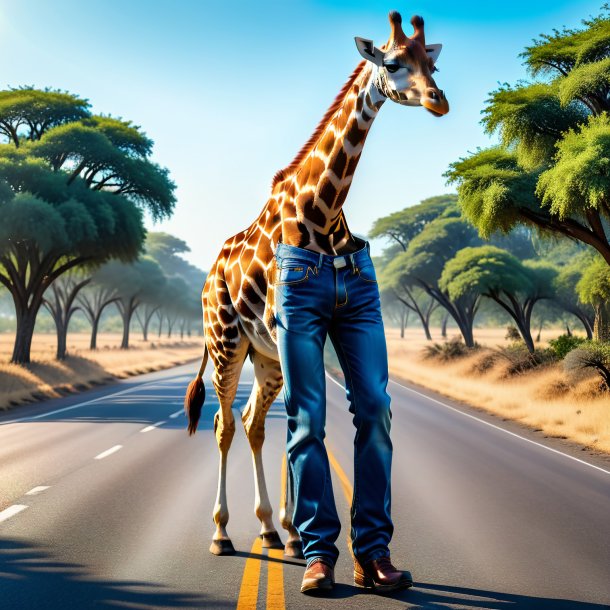 Imagem de uma girafa em um jeans na estrada