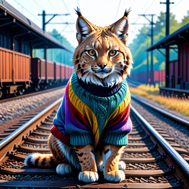 Dibujo de un lince en un suéter en las vías del ferrocarril