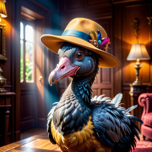 Photo of a dodo in a hat in the house