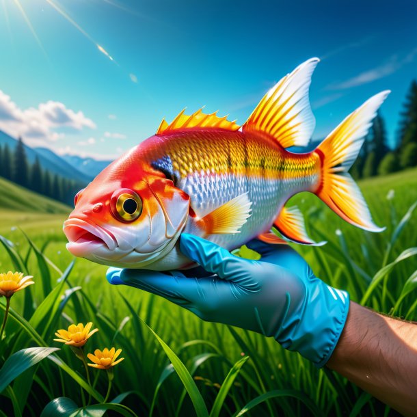 Photo of a fish in a gloves in the meadow