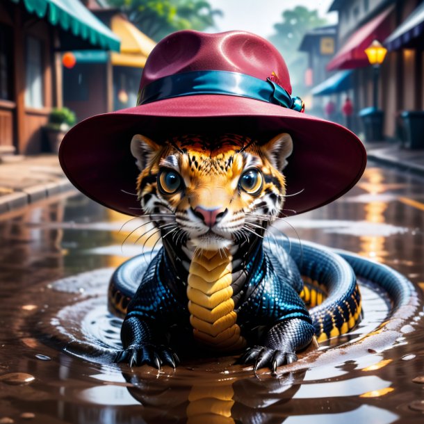 Picture of a cobra in a hat in the puddle