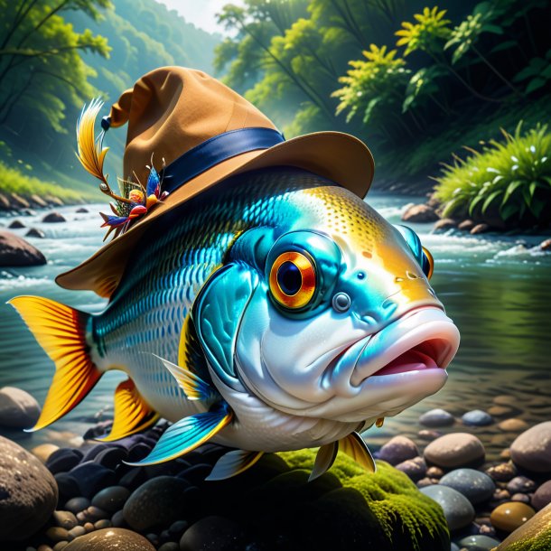 Photo d'un poisson dans un chapeau dans la rivière