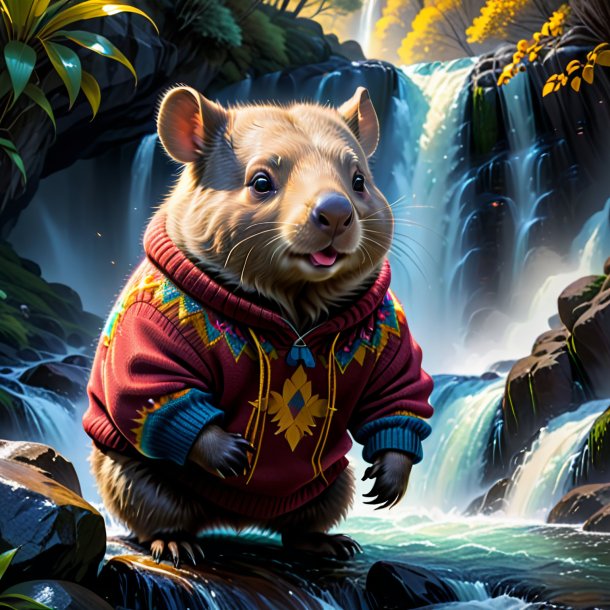 Drawing of a wombat in a sweater in the waterfall