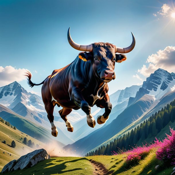 Pic of a jumping of a bull in the mountains