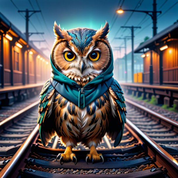 Photo of a owl in a hoodie on the railway tracks