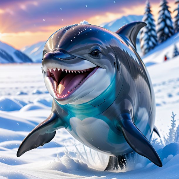 Image of a smiling of a dolphin in the snow