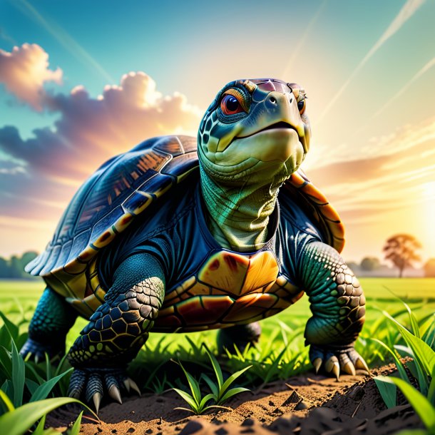 Photo of a turtle in a trousers on the field