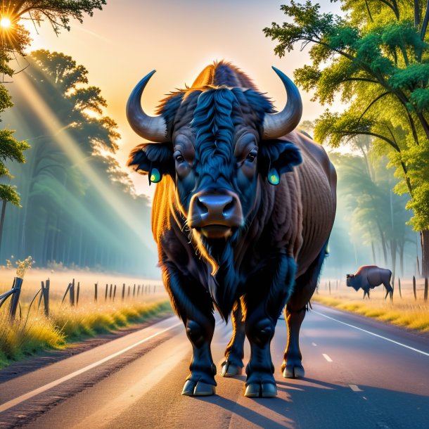 Image d'une attente d'un bison sur la route