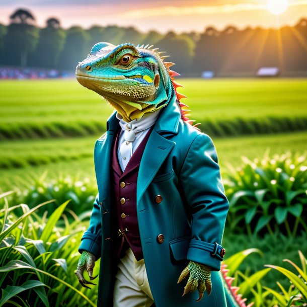 Photo of a lizard in a coat on the field