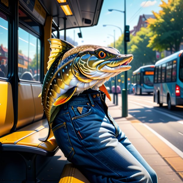 Drawing of a pike in a jeans on the bus stop