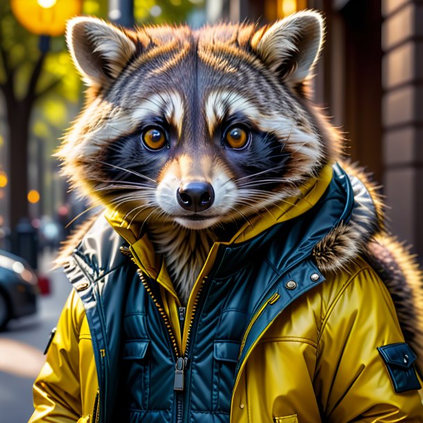 Image of a raccoon in a yellow jacket