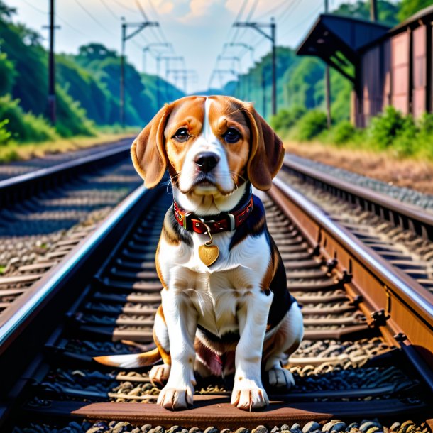 Photo of a beagle in a belt on the railway tracks