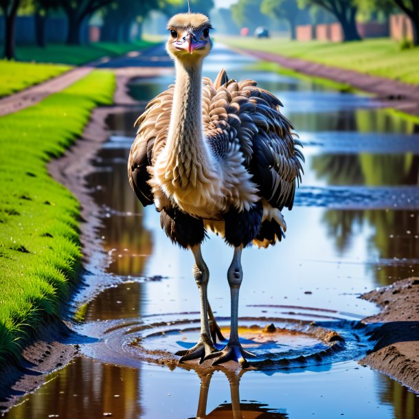 Pic of a ostrich in a belt in the puddle