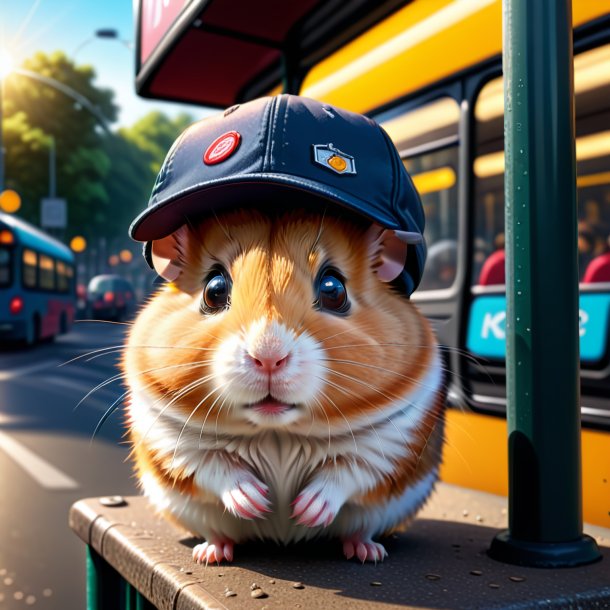 Ilustração de um hamster em um boné no ponto de ônibus