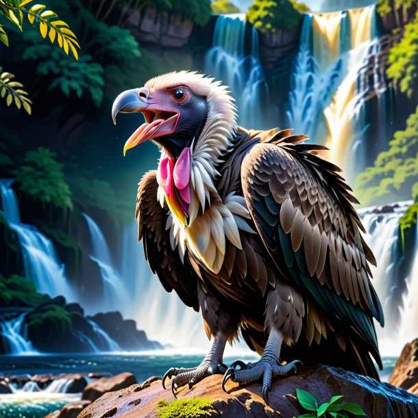 Image of a crying of a vulture in the waterfall