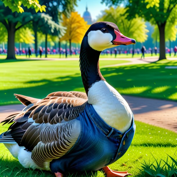 Photo of a goose in a jeans in the park